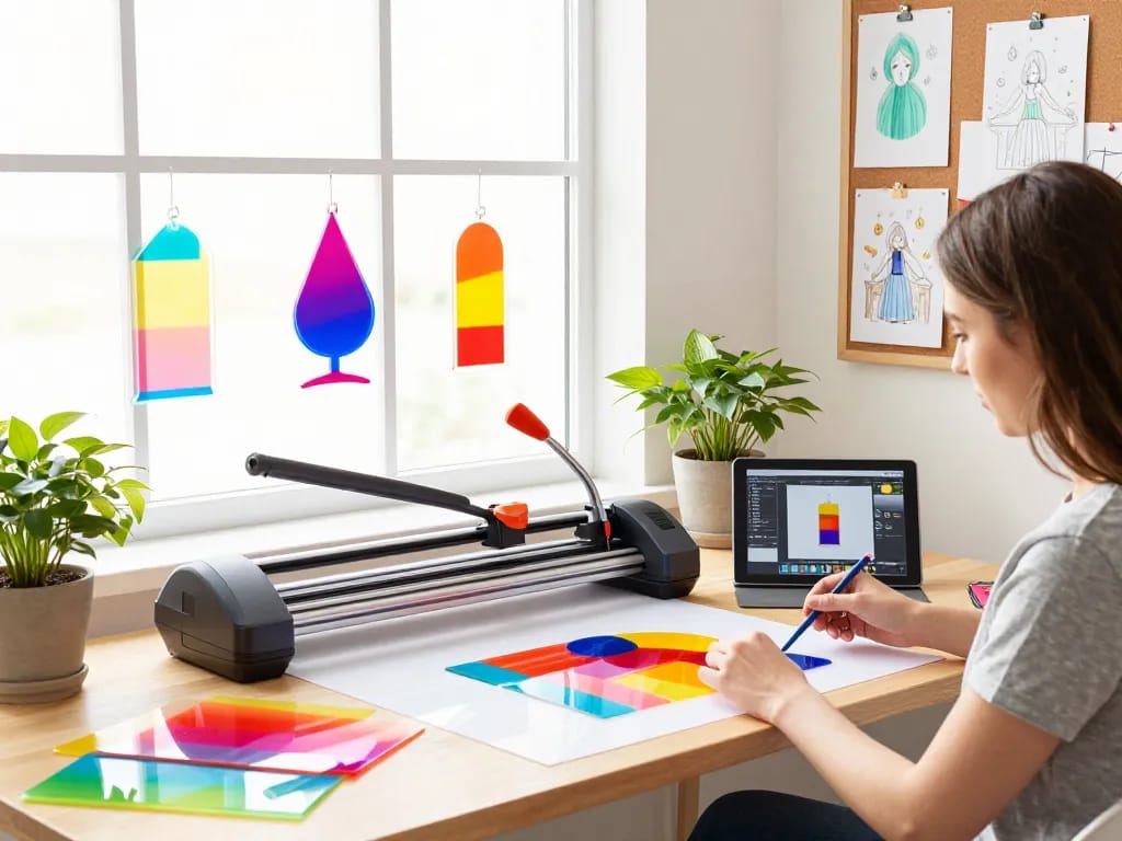 Custom acrylic standee designer creating vibrant standee prototypes in a creative workspace.