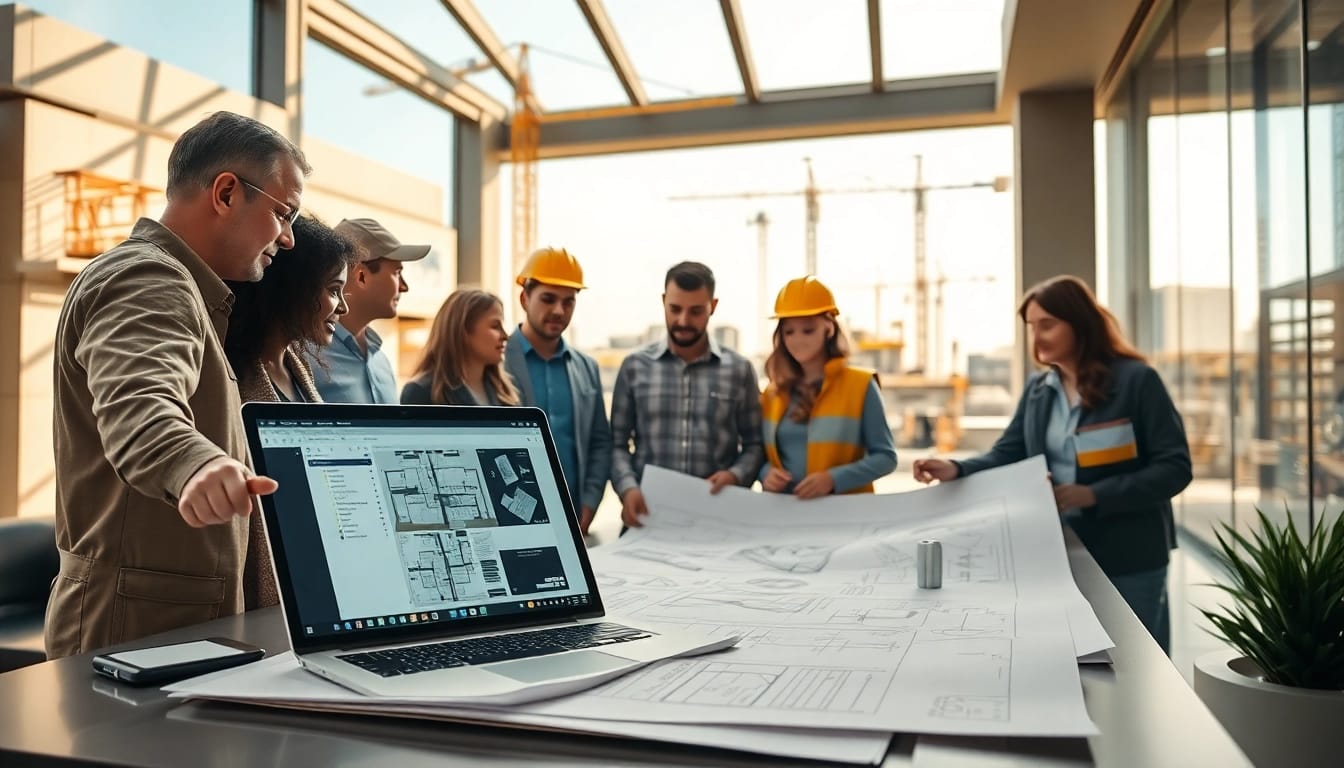 Showcasing construction design services with a collaborative team working on blueprints in a bright, modern setting.