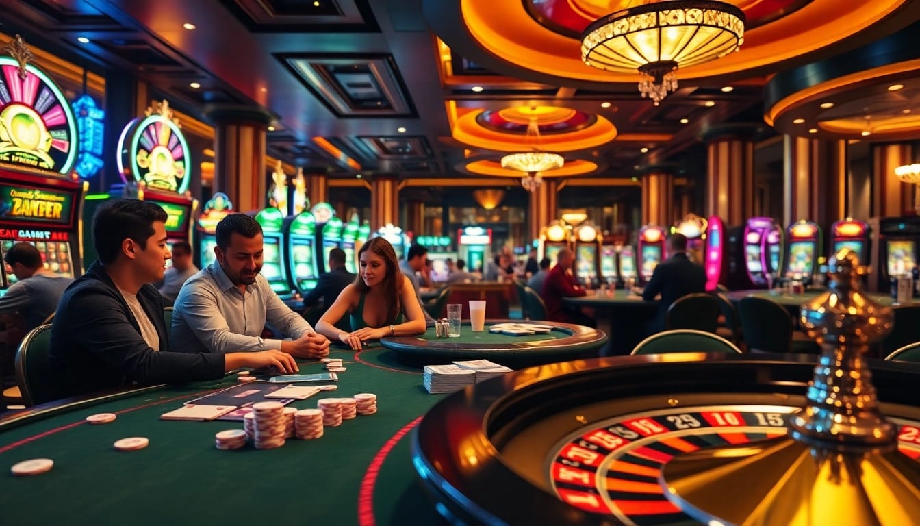 Explore the thrilling gaming atmosphere at https://rr88ez.com/ with players enjoying poker and slot machines.