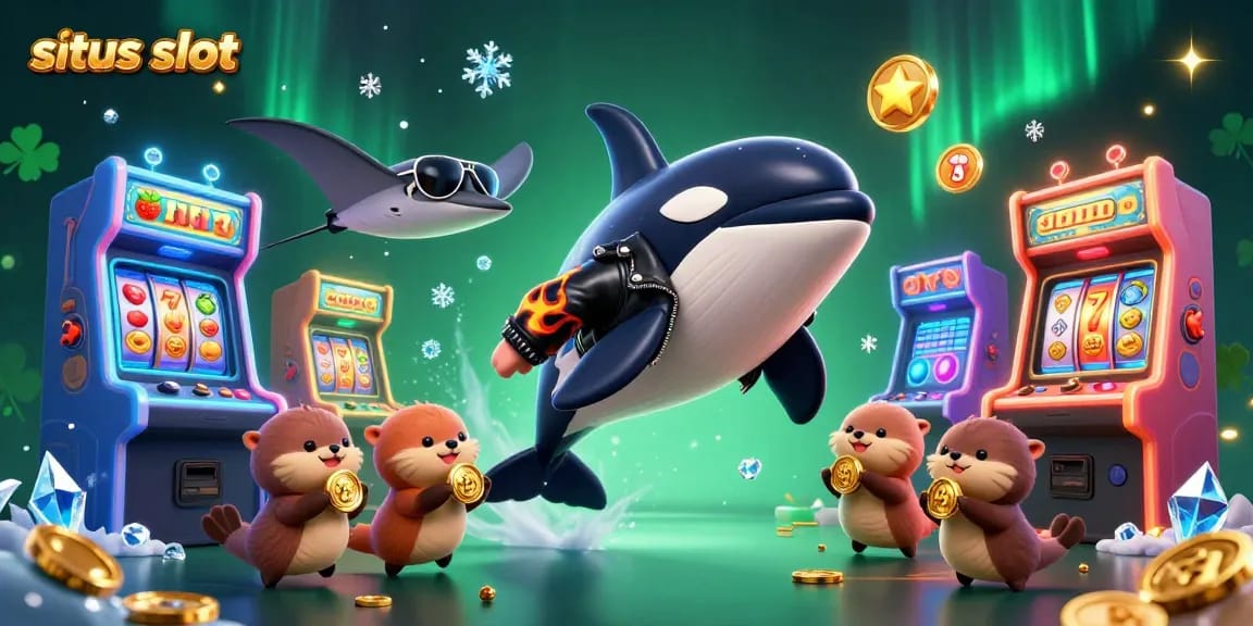 Engage in the thrilling world of situs slot with orca and otters amidst colorful casino elements.
