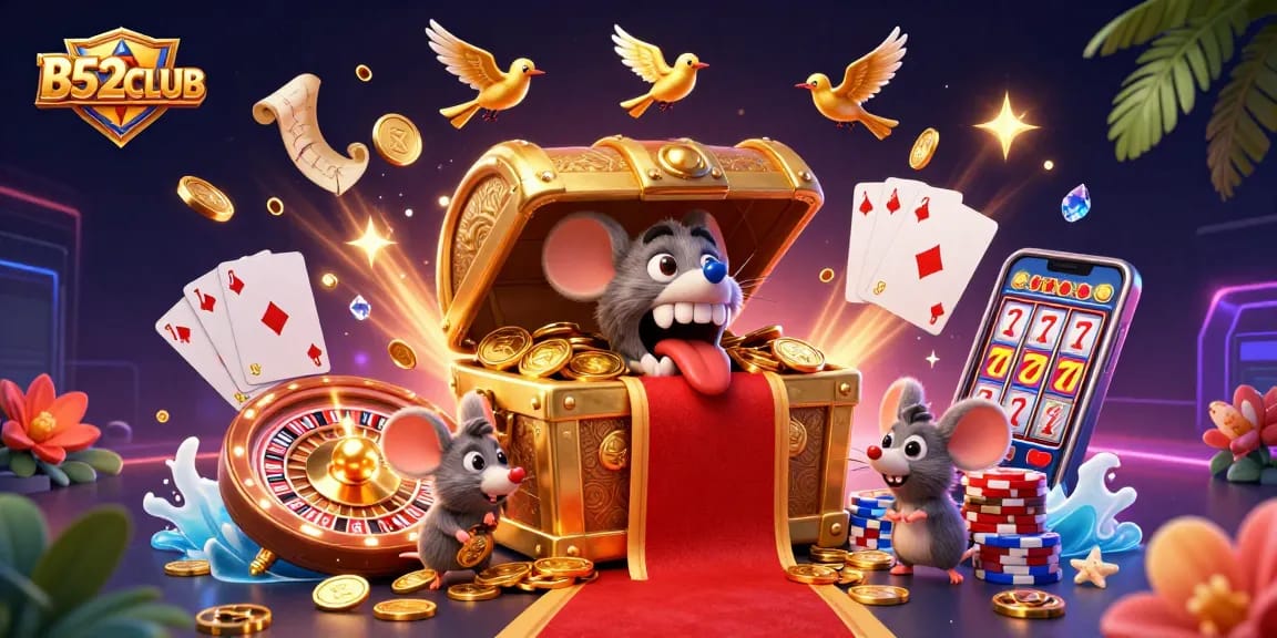 Spin and win at B52CLUB with adventure-filled treasures, cascading coins, and vibrant game elements.
