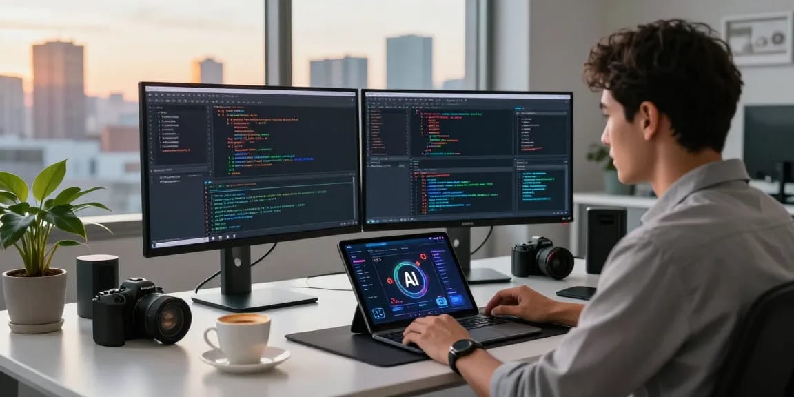 Dynamic tech workspace showcasing spicy AI development with screens and gadgets in a professional environment.