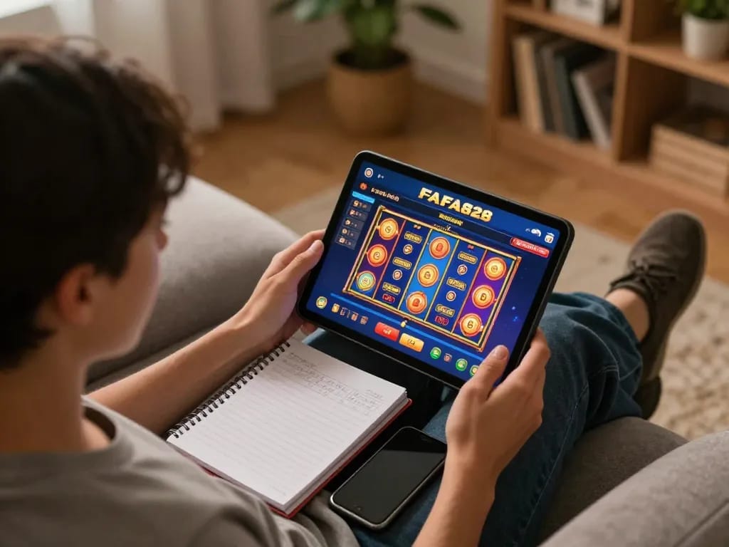 Player enjoying FAFA828 online slots on tablet with bankroll notes in cozy home