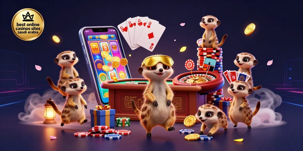Engaging 3D graphic showcasing the best online casinos sites Saudi Arabia with meerkats in a vibrant casino setting.