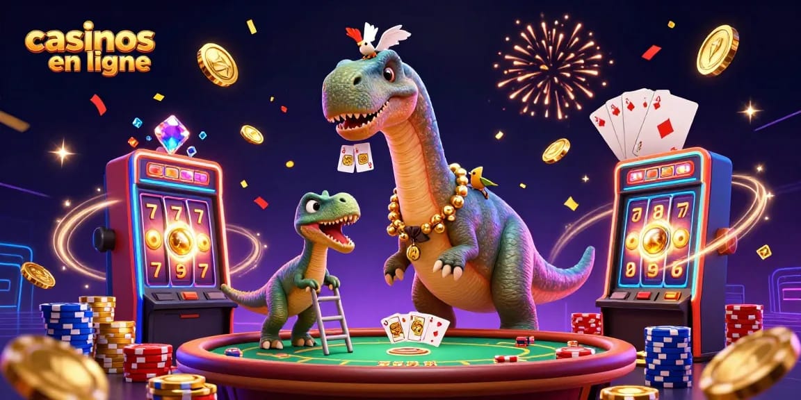 Illustration captivante de casinos en ligne avec un brontosaure, des jetons de poker et des machines à sous.