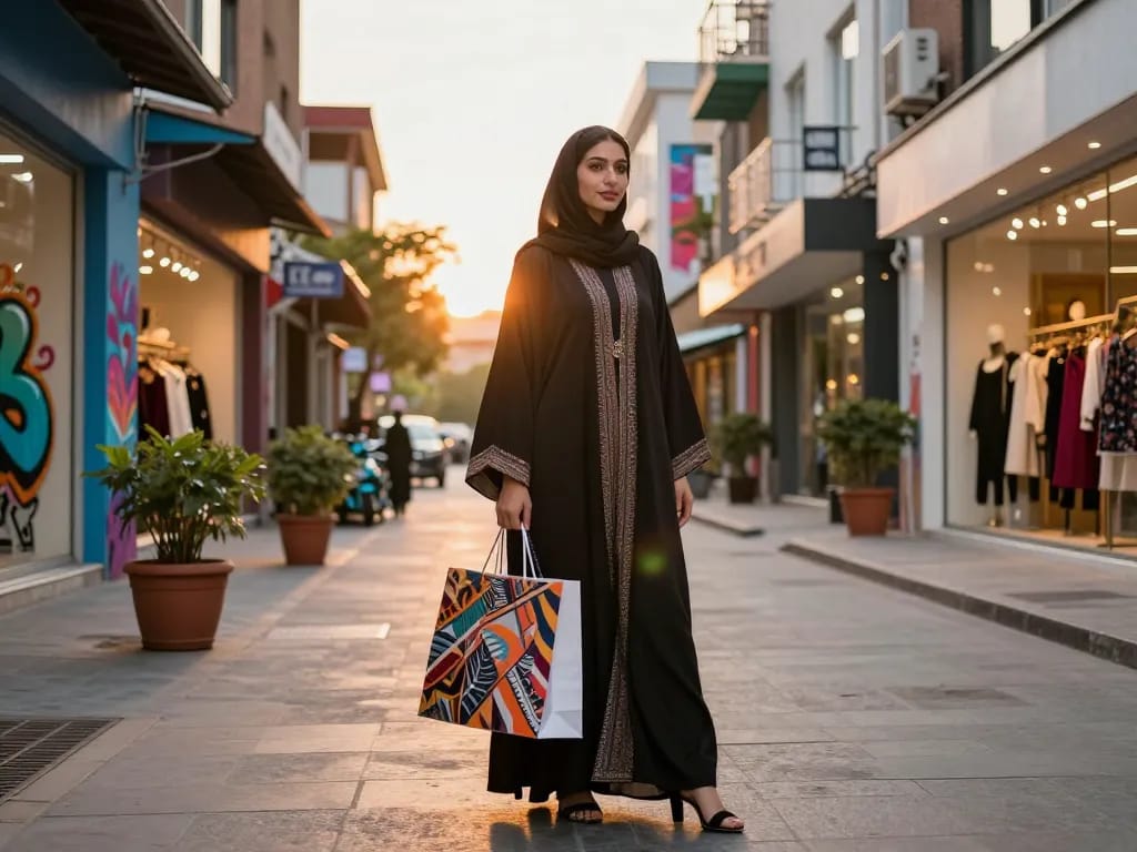 Chic woman in stylish abaya enjoying urban shopping experience, showcasing modern fashion.