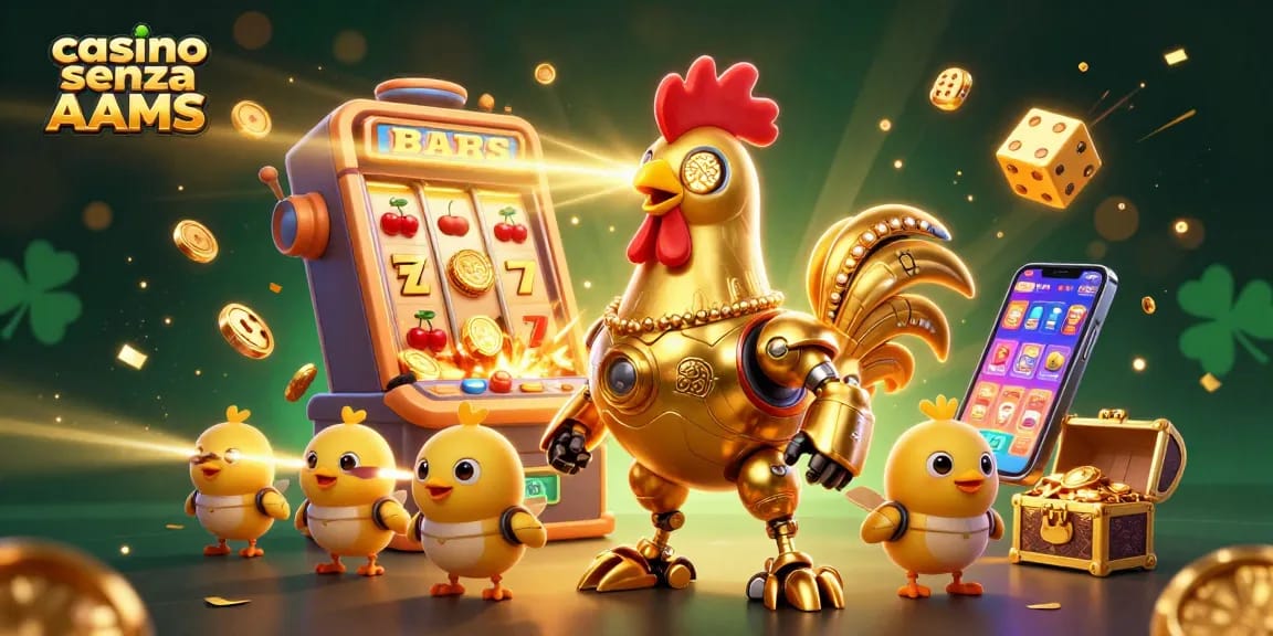 Vivi l'azione dei giochi al casino senza AAMS con un robot gallo dorato e simboli di fortuna che esplodono di gioia.