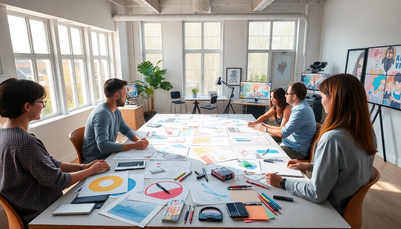 Animation Studio Berlin team collaborating on vibrant animation projects in a bright workspace.
