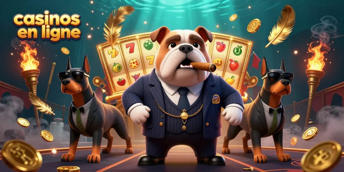 Visuellement captivante illustration 3D des casinos en ligne avec un bulldog chef de mafia et des éléments de jeu dynamiques.