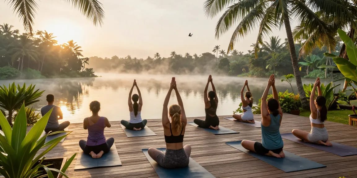 Yoga practice at a serene retreat on the Sri Lankan south coast by Koggala Lake.