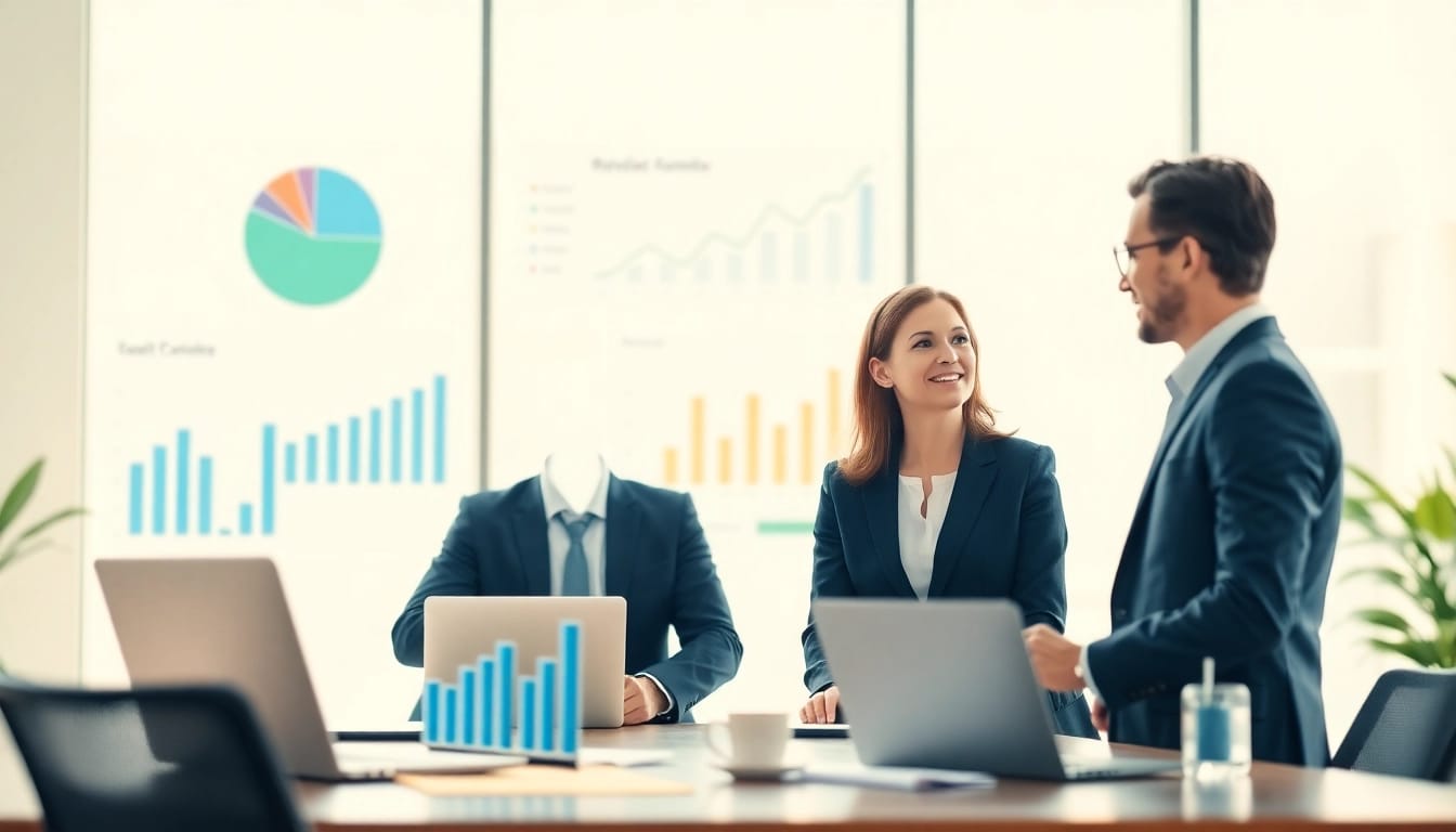 Analyze competitor pricing strategies with professionals discussing market data in a bright office.