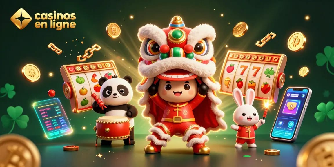 Joue dans les casinos en ligne avec cette scène animée de lion danseur et de panda, entourés de jackpots et de crypto-monnaies.