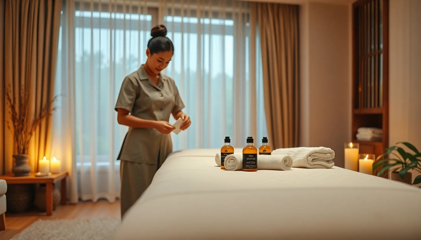 Professional 출장 therapist preparing a calming massage environment at home.