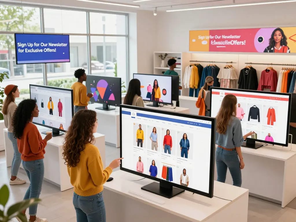 Engaged shoppers exploring Hu bet online store showcasing vibrant fashion promotions and newsletter sign-up.