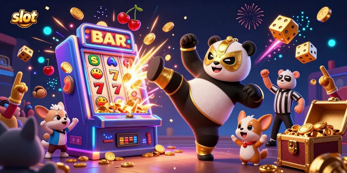 Slot yang penuh dengan simbol keberuntungan dan kegembiraan, dikelilingi oleh hewan kartun yang merayakan.
