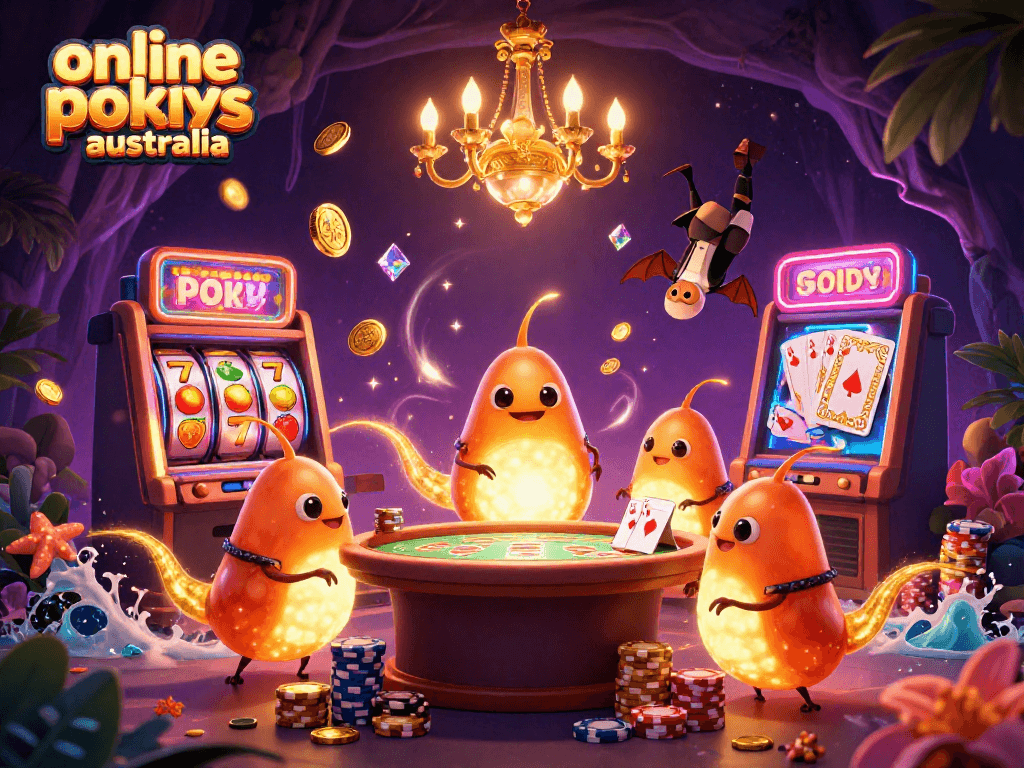 Engage with online pokies Australia in a vibrant casino scene illuminated by glowworms.
