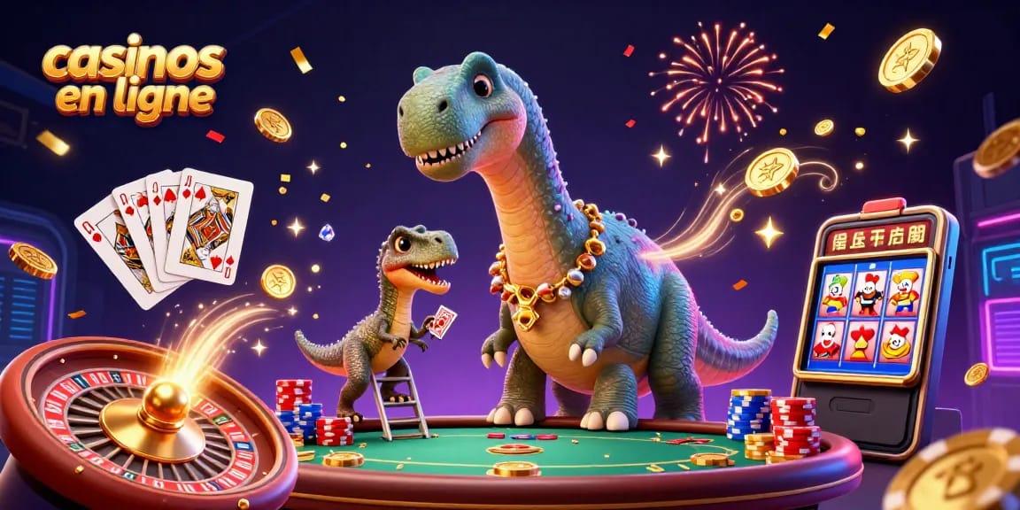 Rejoignez les casinos en ligne avec un brontosaurus intérieur de casino et des cartes à gagner.