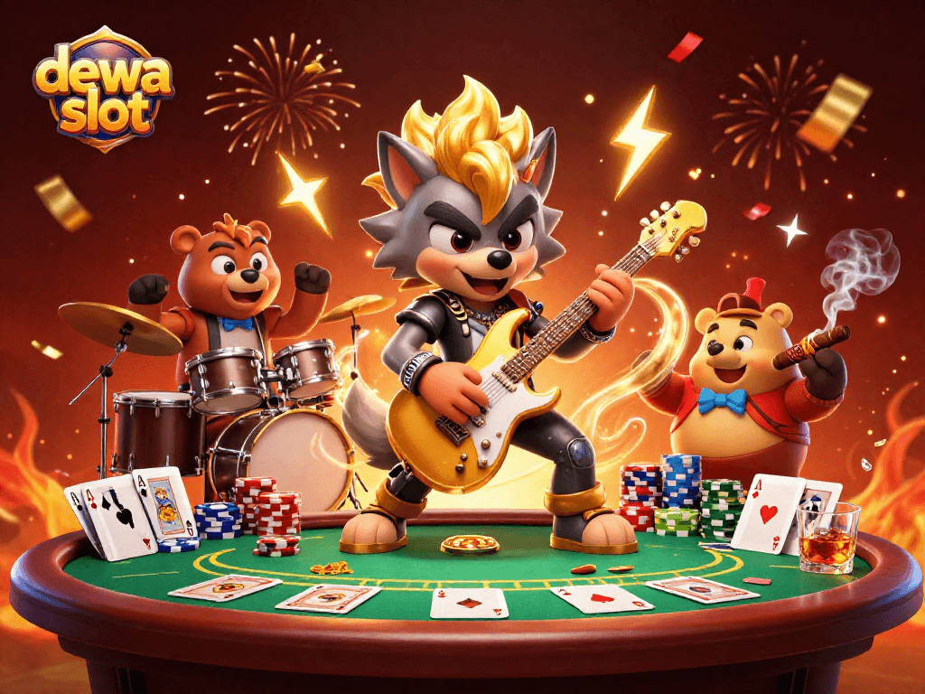 Gambarkan pengalaman mendebarkan di dewa slot dengan karakter unik yang merayakan dengan poker dan hiasan kasino