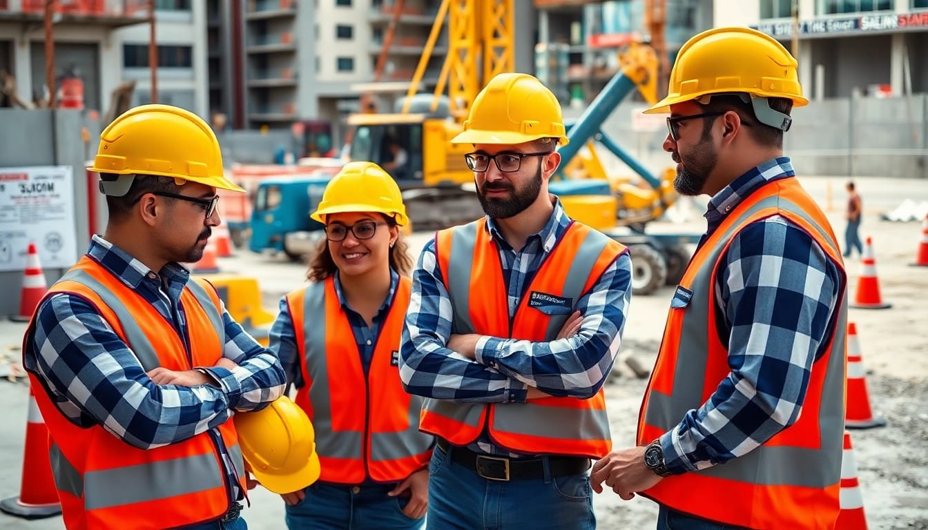 Workers implementing construction safety programs on-site with attention and focus.