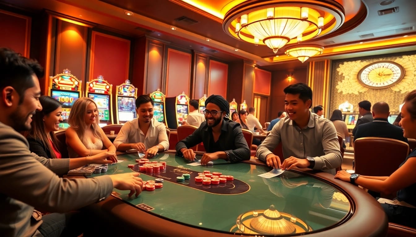 Engage with the thrilling atmosphere of link 188bet online gambling, featuring vibrant poker games and flashing slot machines.