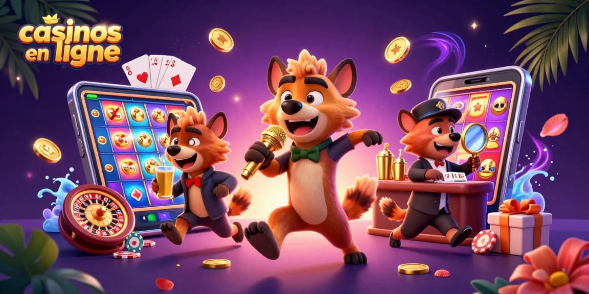 Animation comique avec des hyènes et des jeux de casinos en ligne éclatants et colorés.