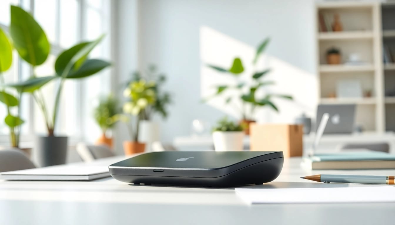 C 168 device highlighted in a modern office setup, showcasing its sleek design and features.