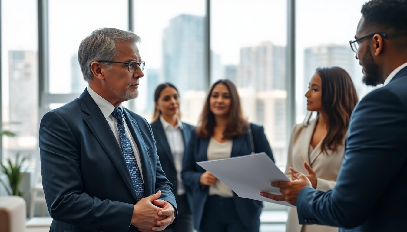 Real estate lawyer advising clients in a modern office setting.