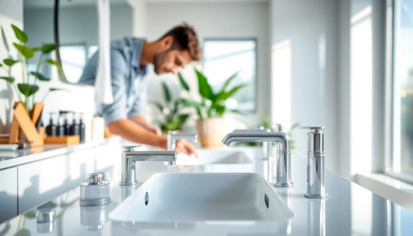 Der Fachmann von sonni sanitär GmbH arbeitet an modernen sanitären Anlagen in einem stilvollen Badezimmer.