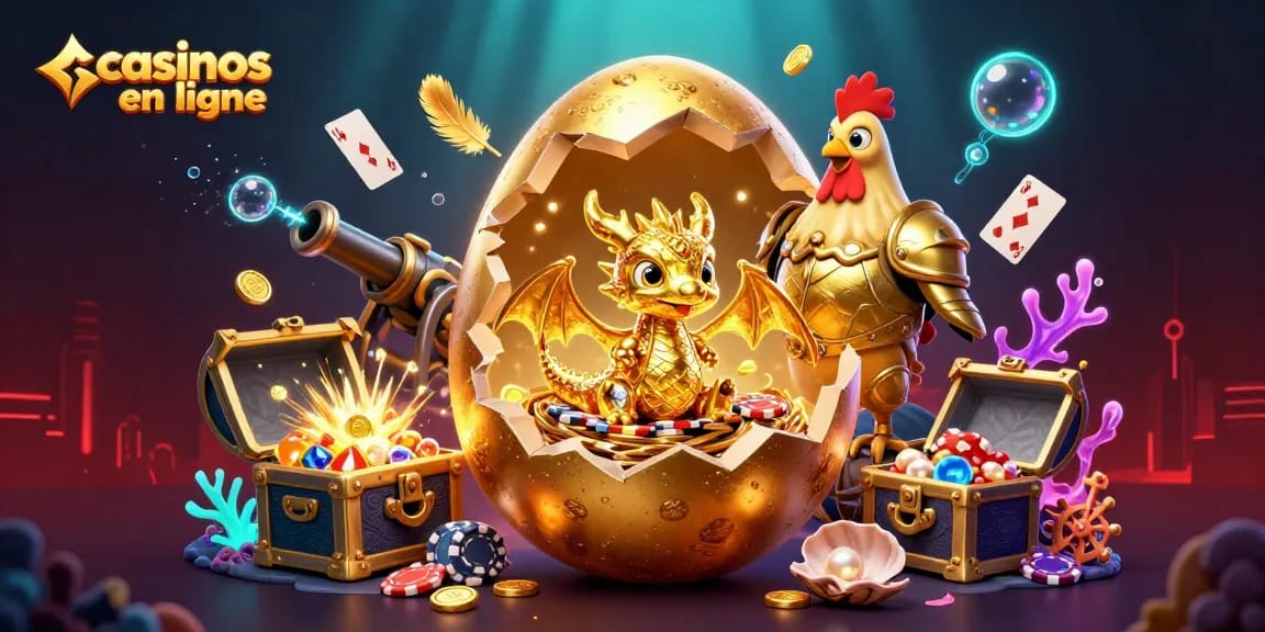 Les casinos en ligne présentent un dragon doré émergeant d'un œuf, entouré de jetons et de trésors.