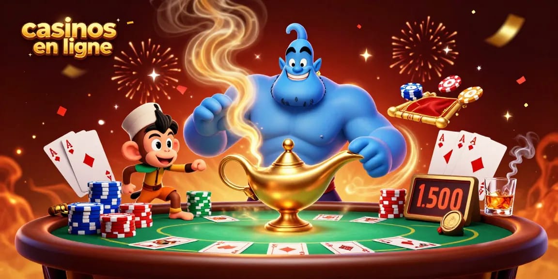 Jouer dans des casinos en ligne avec une illustration de génie et des jeux de poker colorés.