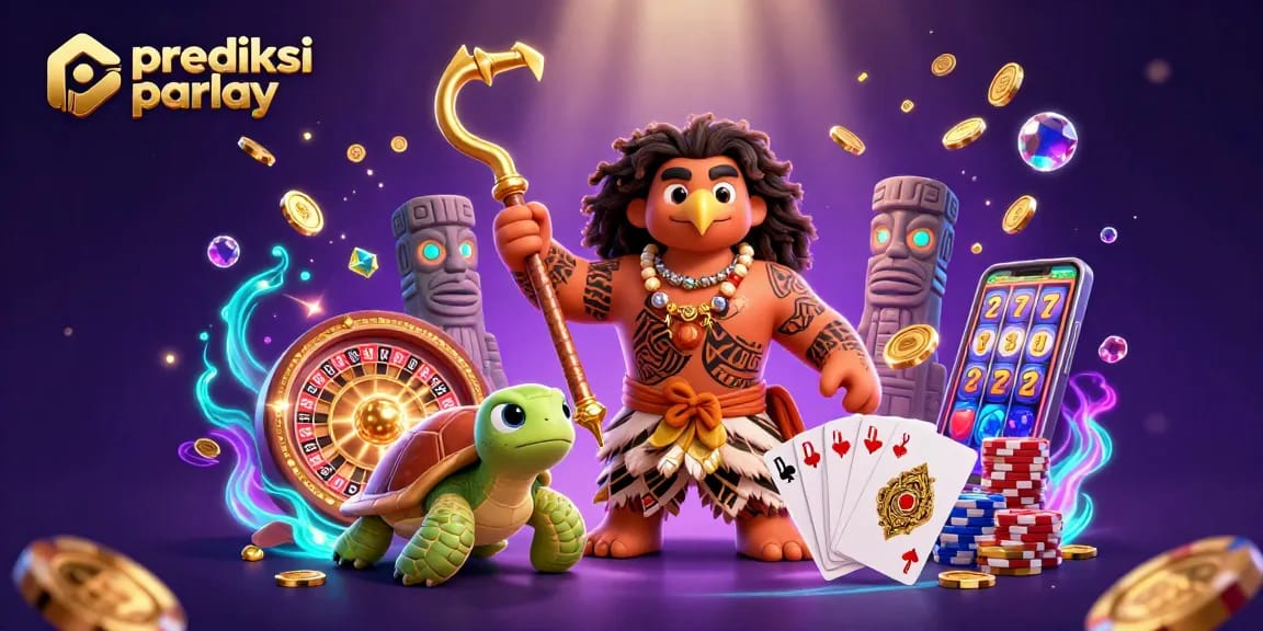Bet on prediksi parlay with vibrant casino elements and cartoon characters in an exciting scene.