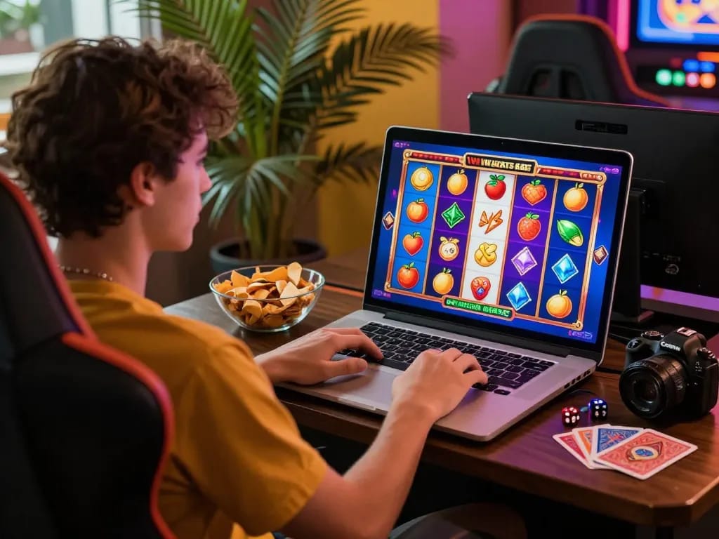 pemandangan permainan situs slot gacor dengan pemain yang terlibat dalam permainan slot online