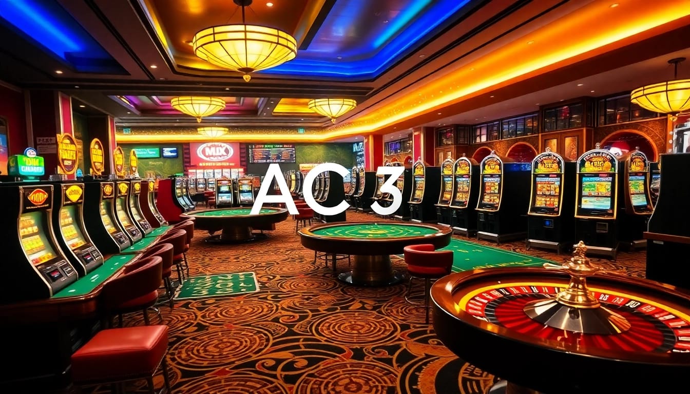 A lively casino scene showcasing players at tables with cards and dice. KJC AC 3 highlights the excitement of gambling.