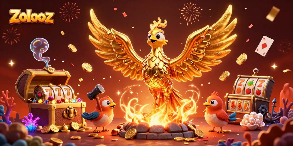 Zolooz showcases a golden phoenix and treasures in a thrilling casino scene with vibrant colors.