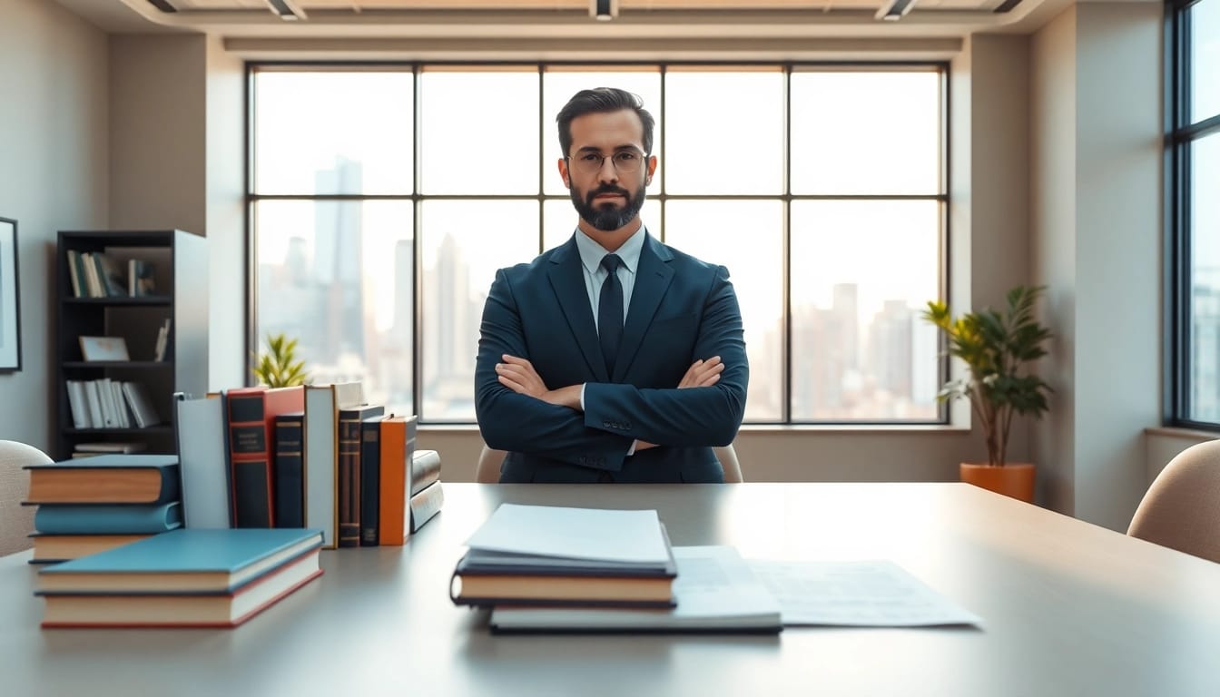 Environmental lawyer advising clients in a modern office, showcasing expertise and professionalism.