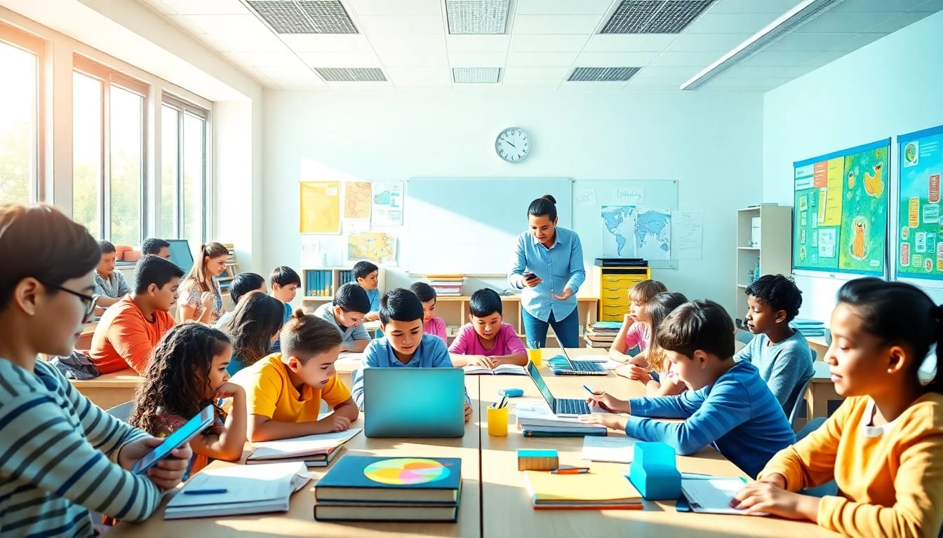 Engaging classroom scene highlighting diverse students in a modern education environment.