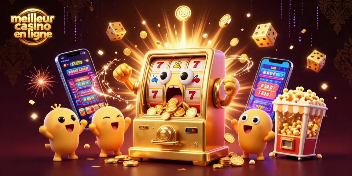 Meilleur casino en ligne avec une machine à sous dorée remportant un jackpot, entourée de machines à sous et de joie.