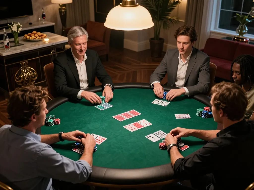 Players enjoying a strategic poker game at home with DU88 chips visible, capturing camaraderie in action.