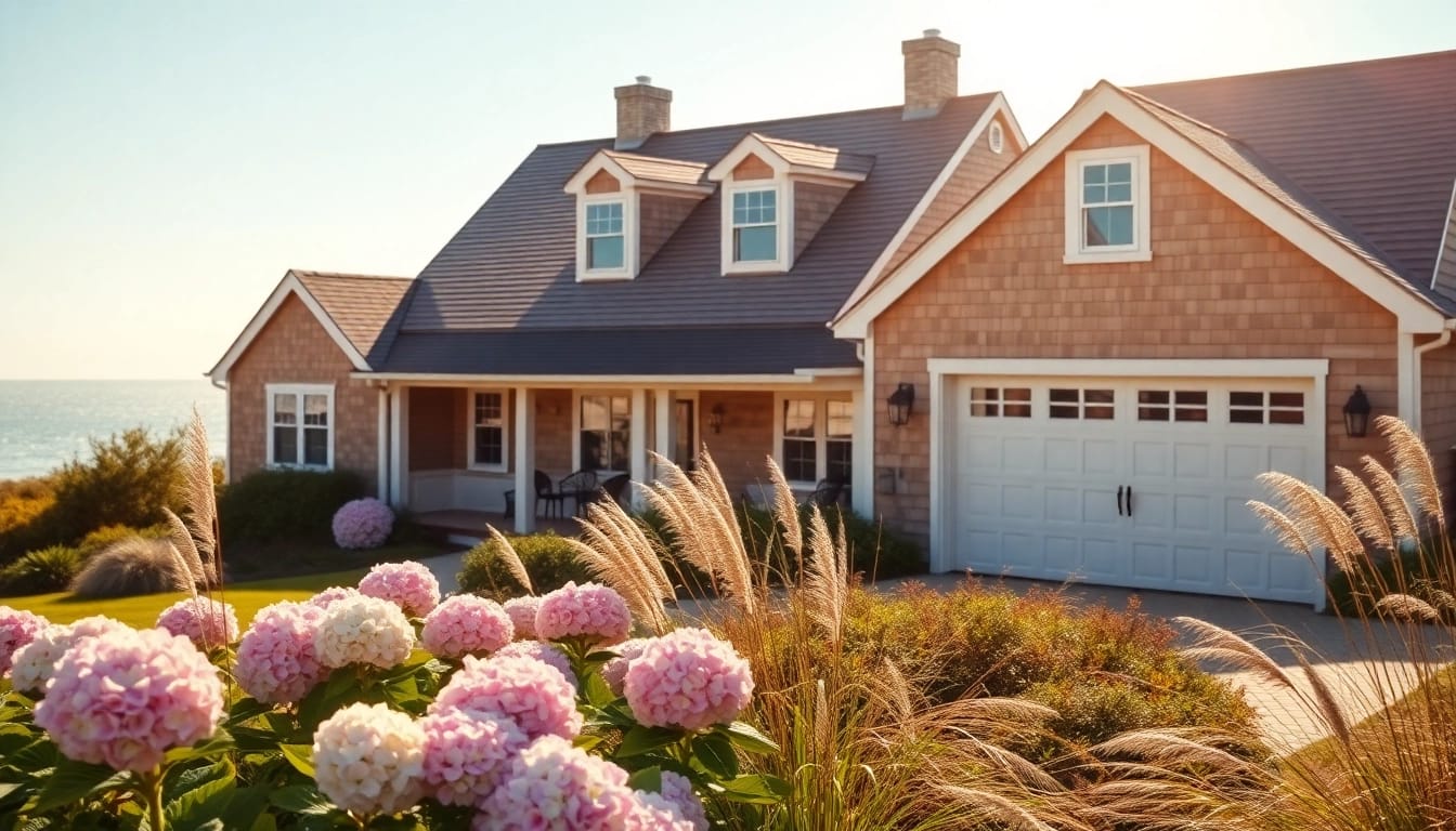 Showcasing a stunning cape cod home with an attached garage in a tranquil coastal setting.