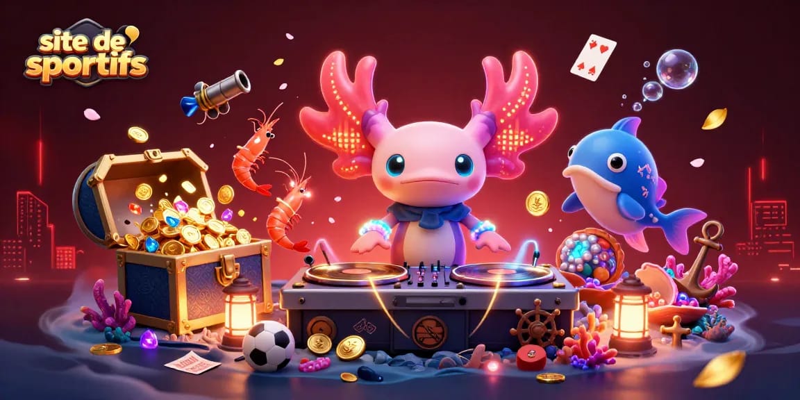 Améliorez vos gains sur le site de paris sportifs avec un DJ axolotl et ses danseurs sous-marins.