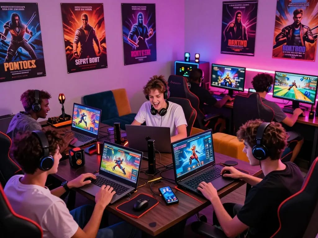 Engaging gaming scene with players enjoying free sex games on various devices in a vibrant lounge atmosphere.