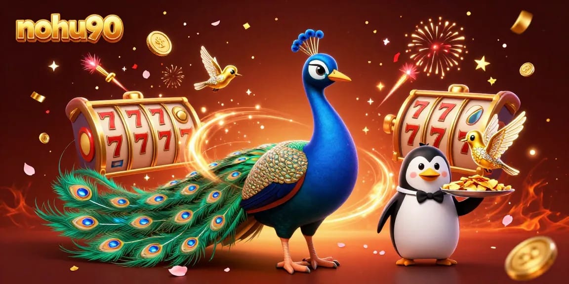 Nohu90 players experience thrilling jackpot spins in a vibrant casino illustration.