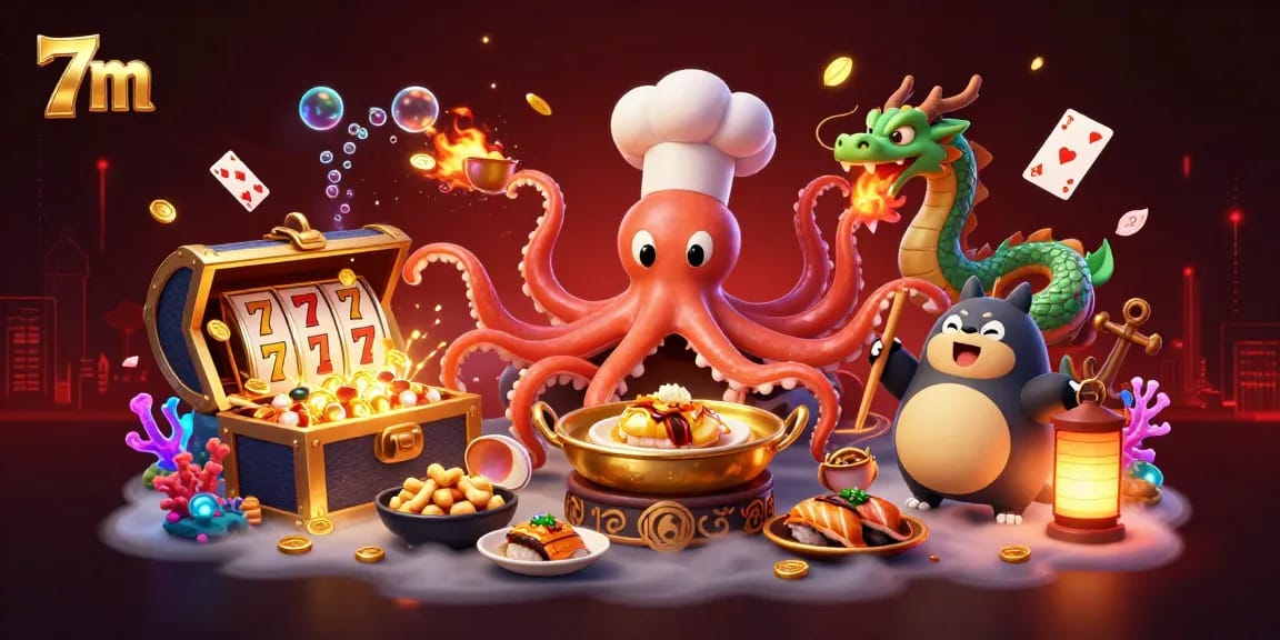Engage in thrilling slots action with 7m's dynamic octopus chef and dragon illustration.