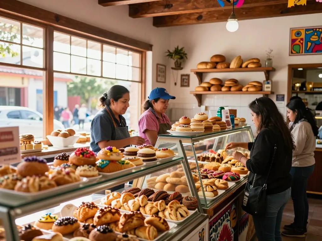 Engaging scene at a mexican bakery website showcasing colorful pastries and happy customers.