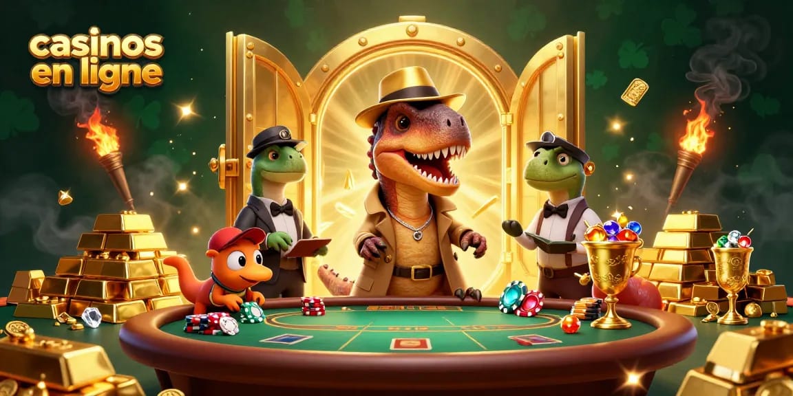 Jouer aux casinos en ligne avec des personnages de dinosaures dans une scène dynamique et colorée.