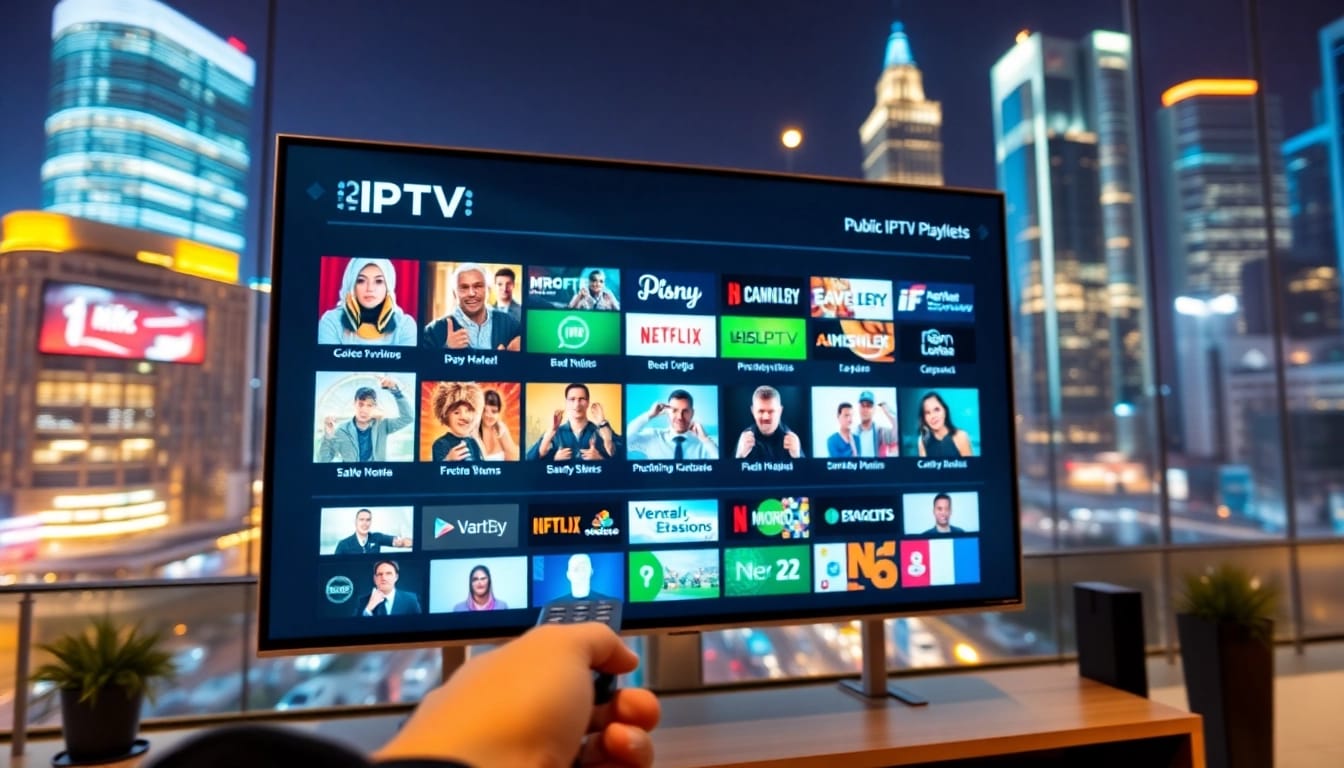 Engaging interface for public iptv playlist with vibrant city backdrop.