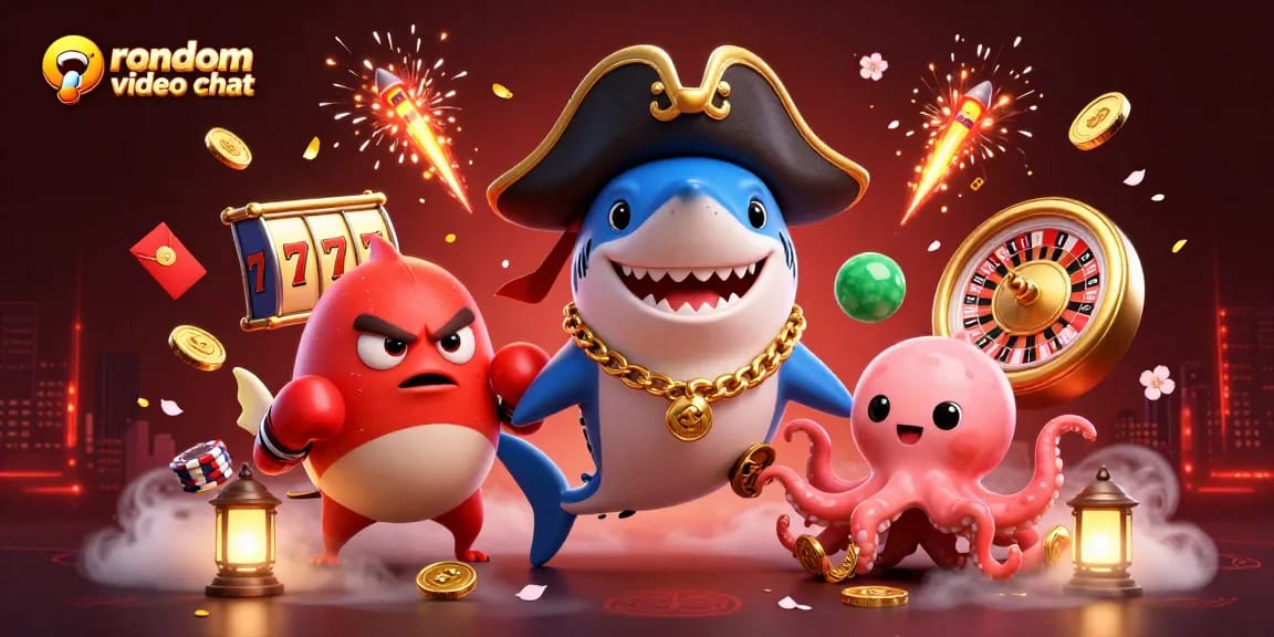 Engage in a random video chat with animated casino characters amidst vibrant slot reels and poker chips.