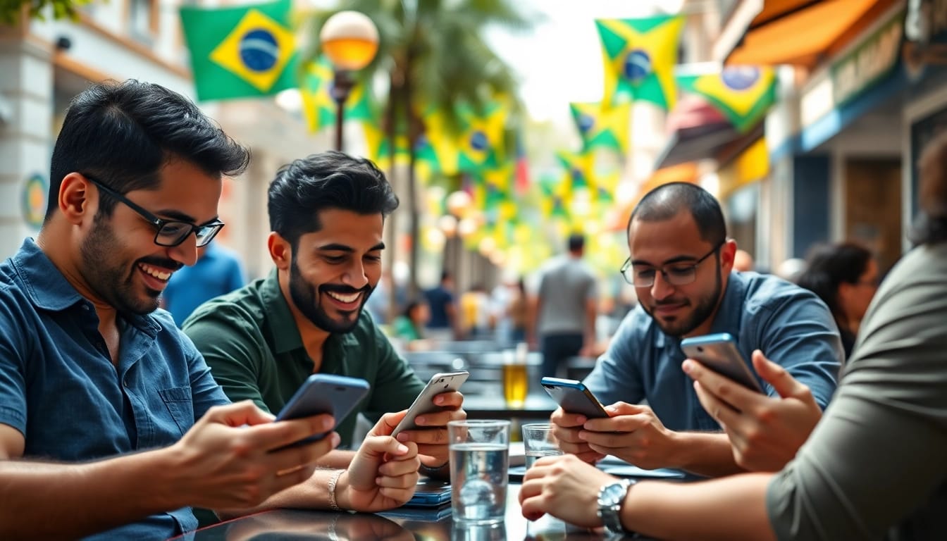 Engaged bettors using the best sports betting sites for Brazil in a vibrant outdoor setting.