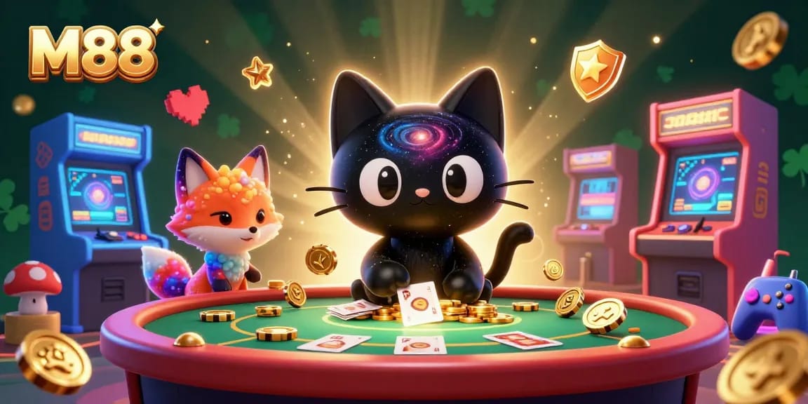 M88 cat pulls in casino chips at a cosmic table surrounded by vibrant game elements.
