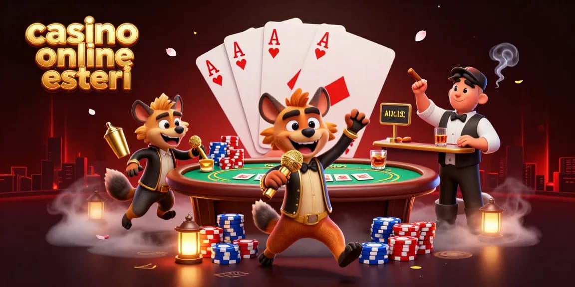 Giocatori di casinò online esteri ridono durante uno spettacolo comico al casinò con tavoli e fiches.